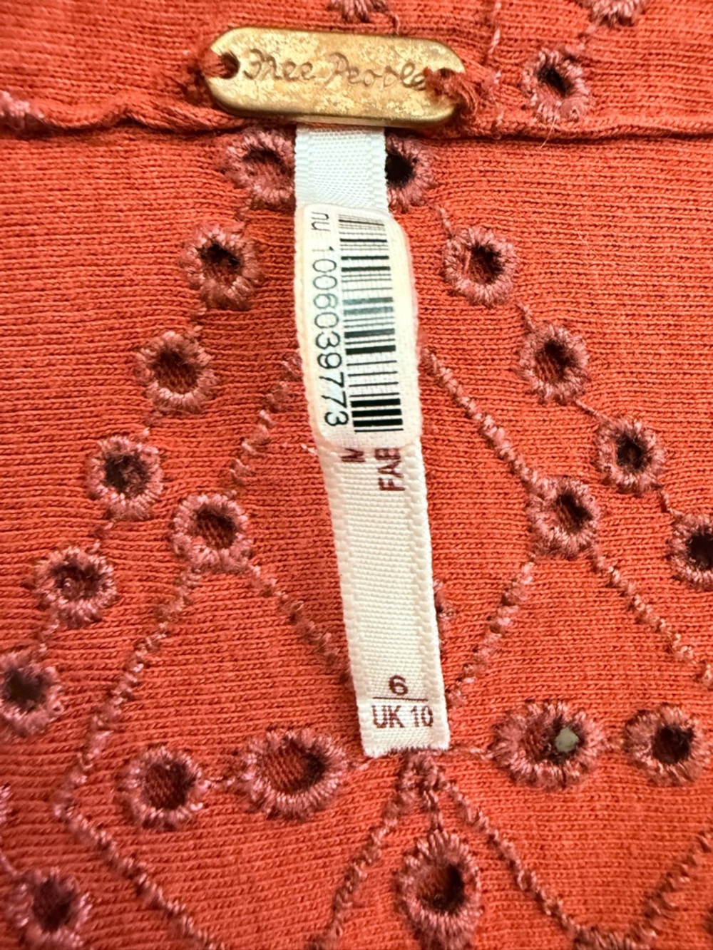 Free People Set The Tone Jumpsuit - Rust Orange Eyelet Long Sleeve - Size 6 - Picture 4 of 5